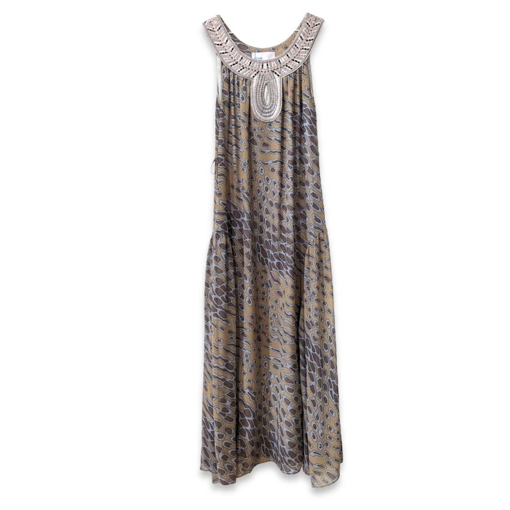 Diego Love Binetti Anthropologie Embroidered Neck Tan Long Maxi 6